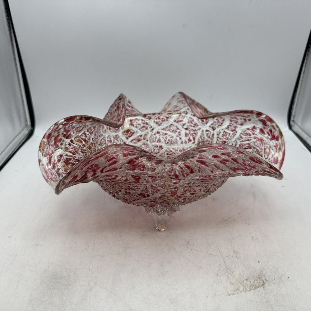 Cranberry Art Glass Ruffled Craquelle Crackle Arboresque Bowl 4" Tall 11 wide